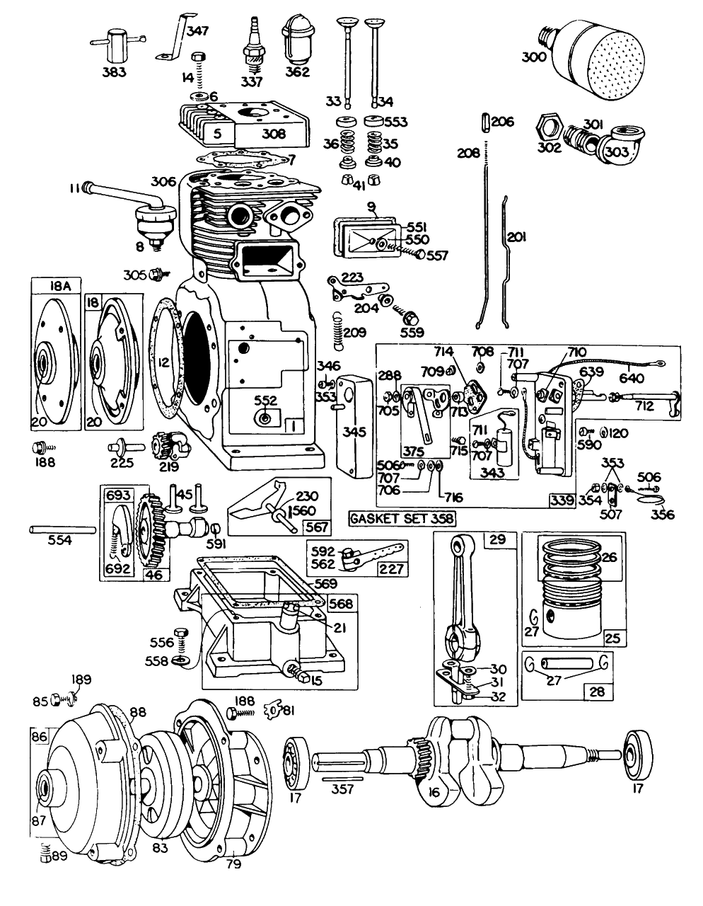 Cyl, Piston, Muffler, Crnkcse Diagram and Parts List for 191431-0023-XX  Briggs and Stratton Engine